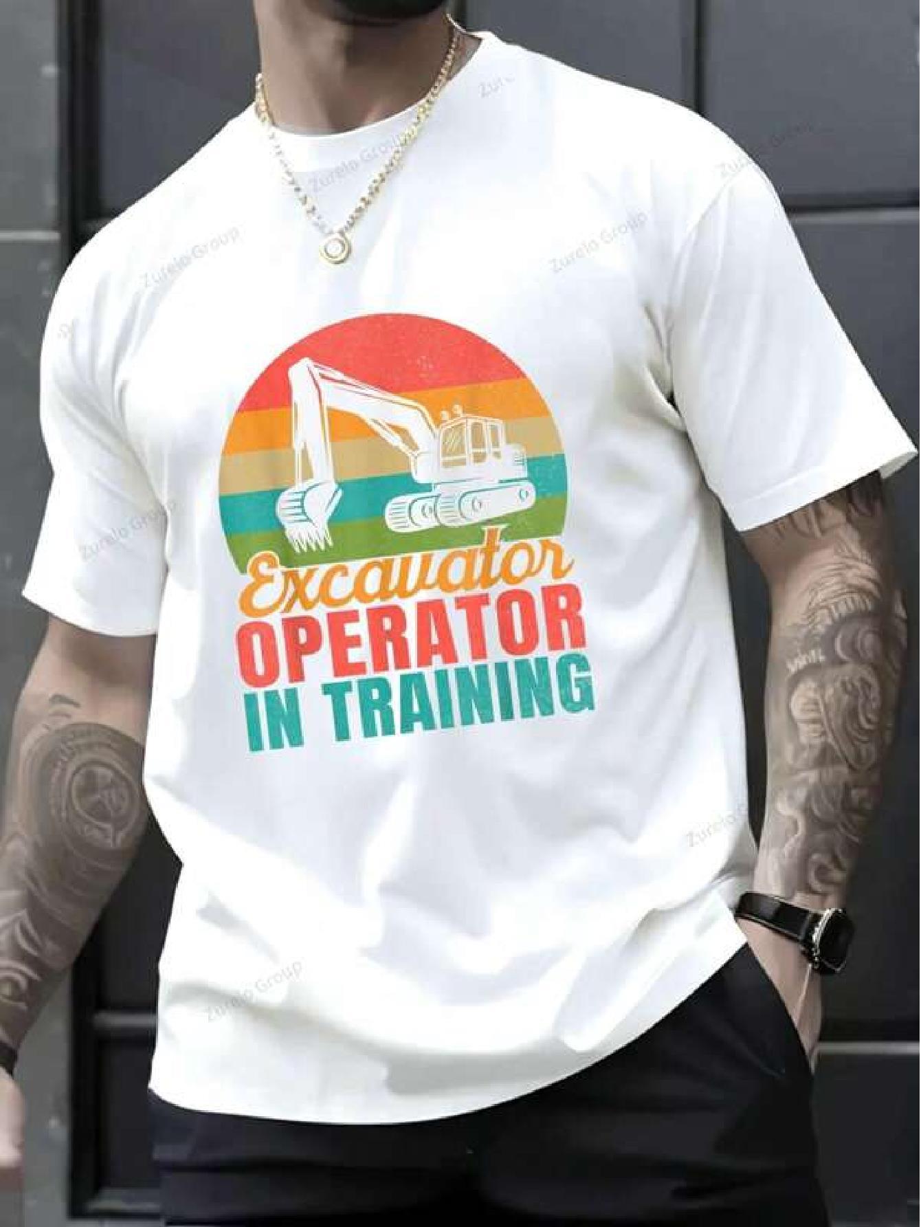 & WoCotton T-shirt with Excavator Operator Training Graphic Print - Vibrant Rainbow Stripes S