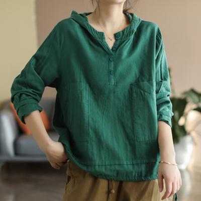 Women's Spring Summer Casual Pullover Hoodie T-shirts Fashion Solid Color Tees Office Ladies Cotton Linen Long Sleeve Tops