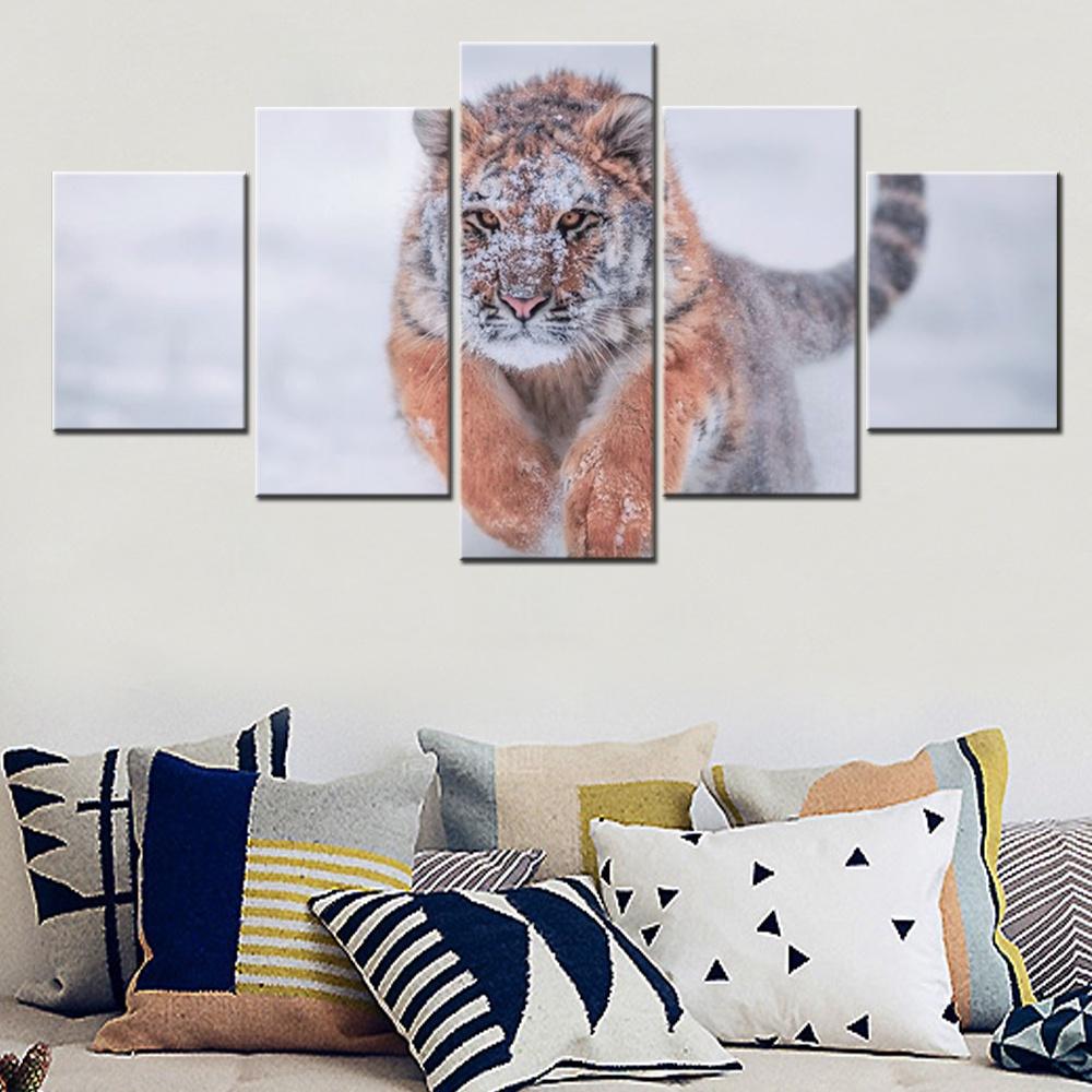 5 Pieces Canvas Wall Arts Animals Poster And Picture Painting Siberian Tiger Snow Winter Wallpaper Home Decor Living Room Mural