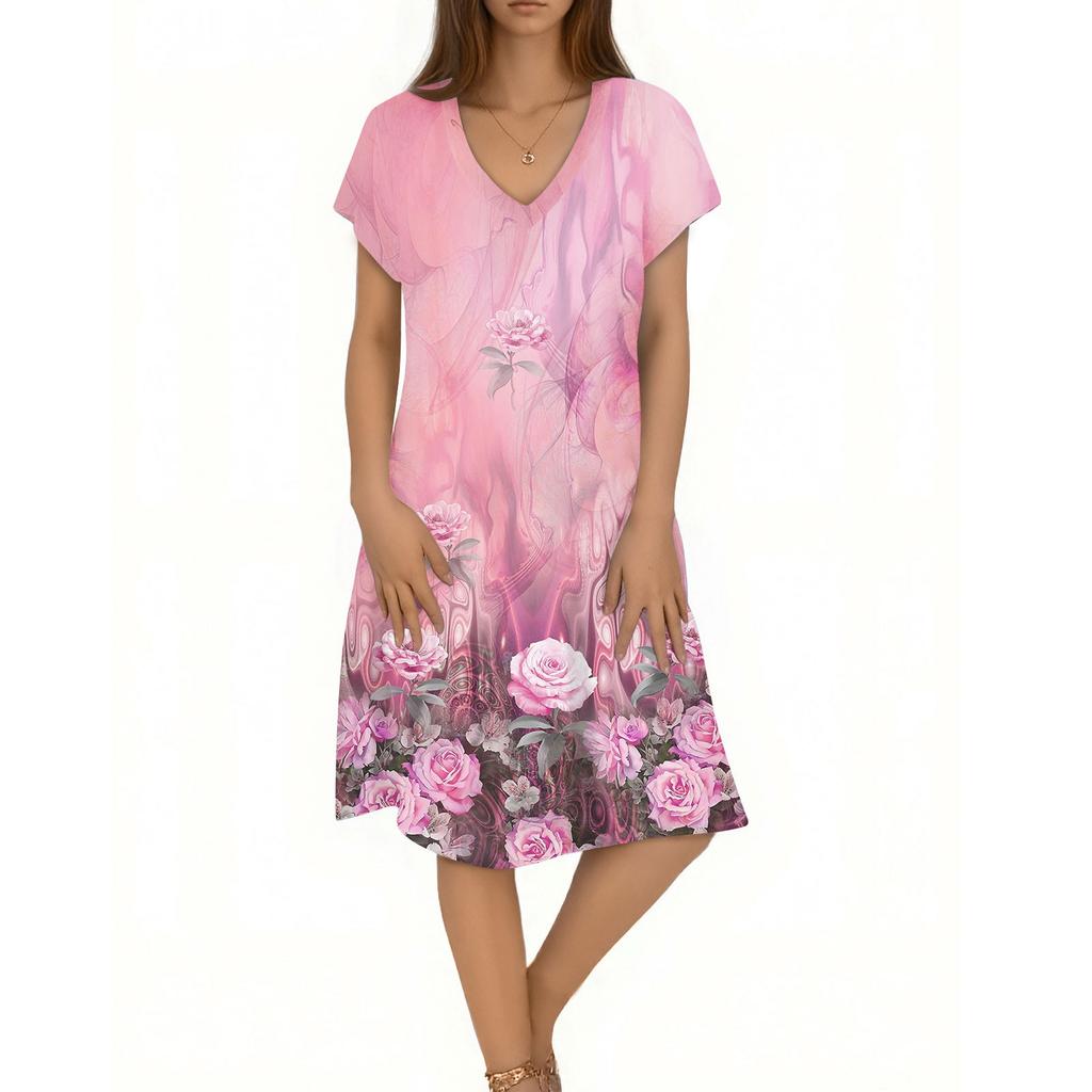 Women's Casual Fashion V-Neck Short Sleeve Floral Print Midi Flowing Dress