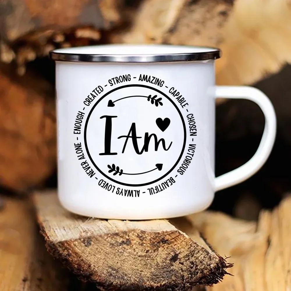 I Am/you Are Strong Beautiful Christian Enamel Mugs Outdoor Travel Coffee Cup Drink Dessert Milk Vintage Handle Drinkware Gifts