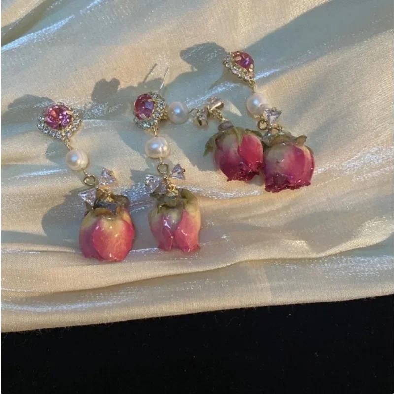 Retro Natural Real Flower Eternal Flower Earrings Niche Design Sense Freshwater Pearl Femaleaint for Women Long Earrings Jewelry