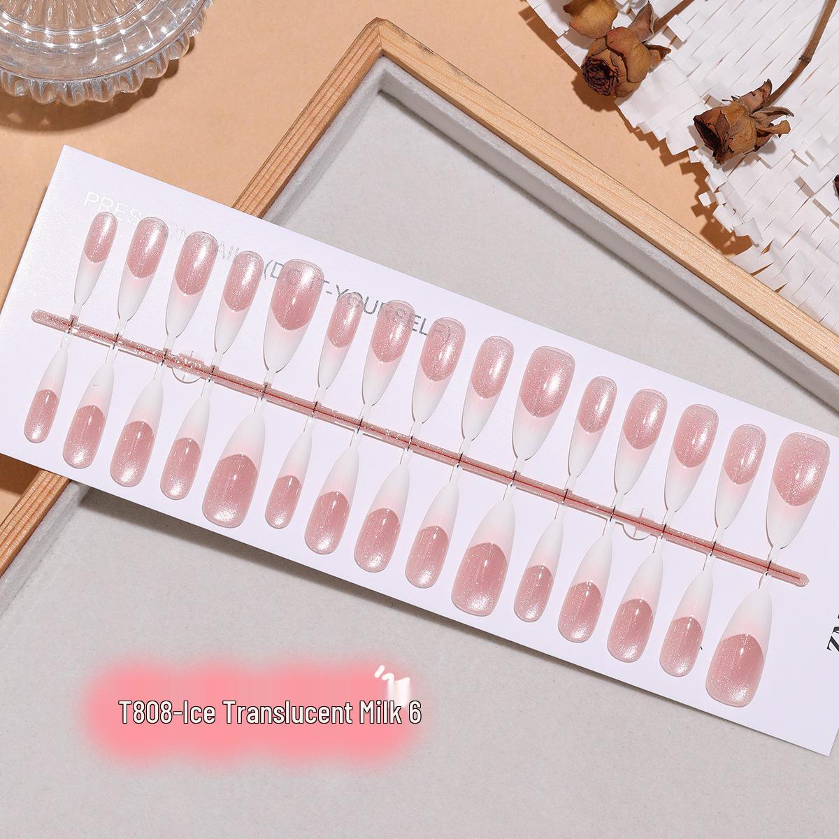 T808# Translucent Pink & White Gradient Almond Cat Eye Wearable Nail Art Stickers