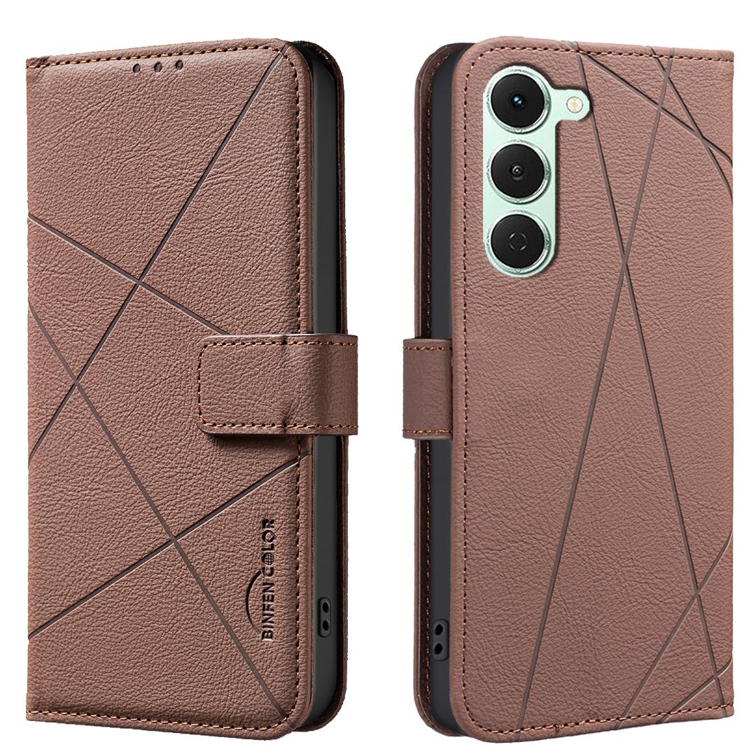 

For TECNO Spark 40 Pro+ 4G Case BINFEN COLOR BF35 Geometry Imprinted Leather Phone Cover RFID Blocking Wallet Stand Brown