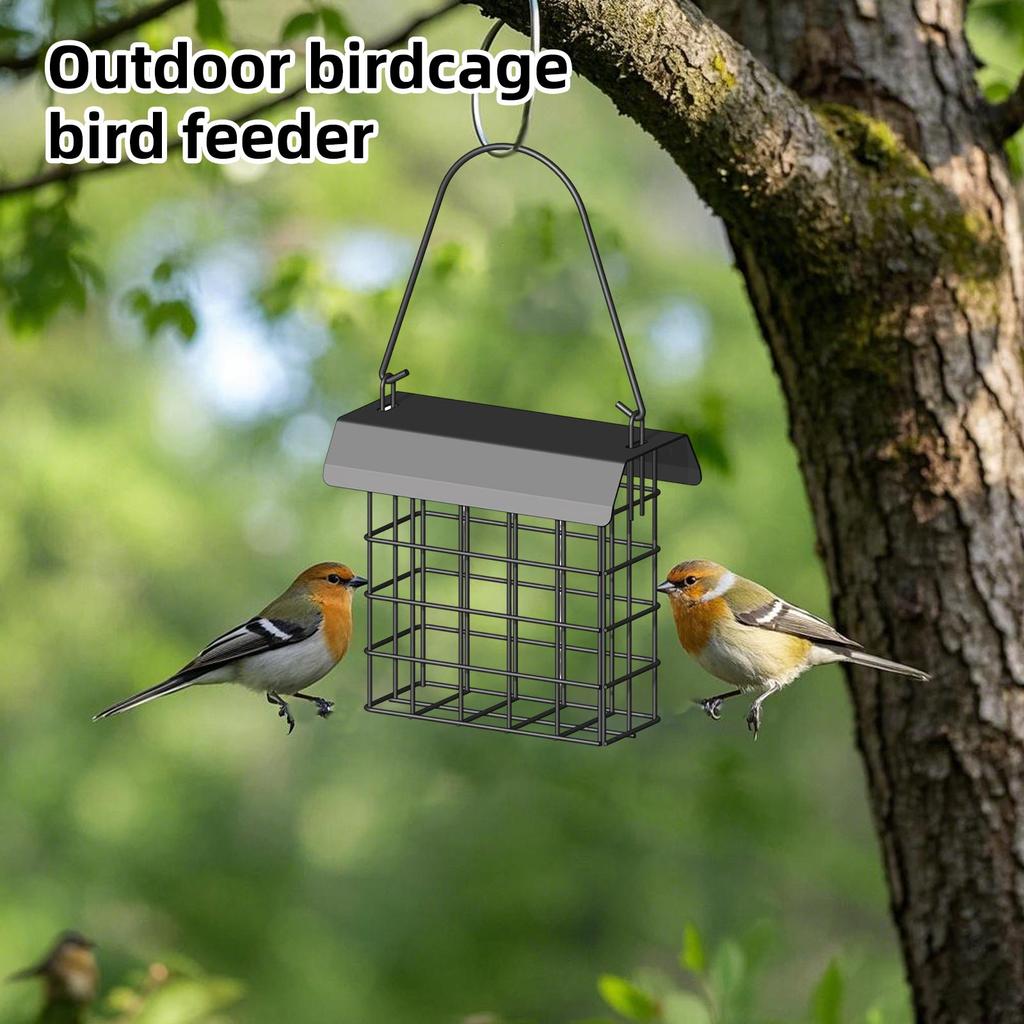 Outdoor Hanging Metal Suet Bird Feeder with Roof and Square Grid Design for Garden Backyard Patio Use