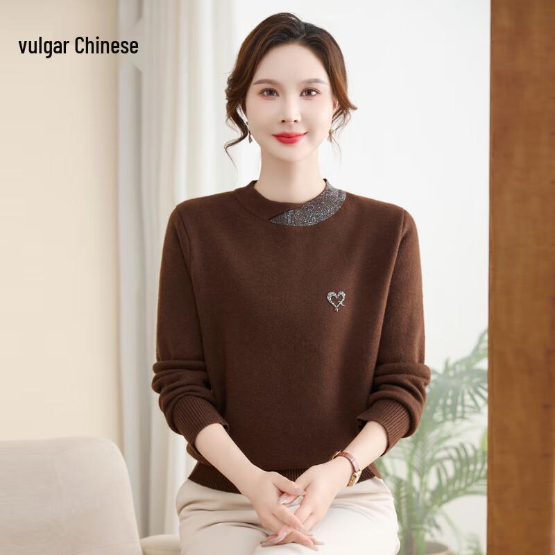 Yonghua Women's Rhinestone Mock Neck Fleece-Lined Knit Sweater