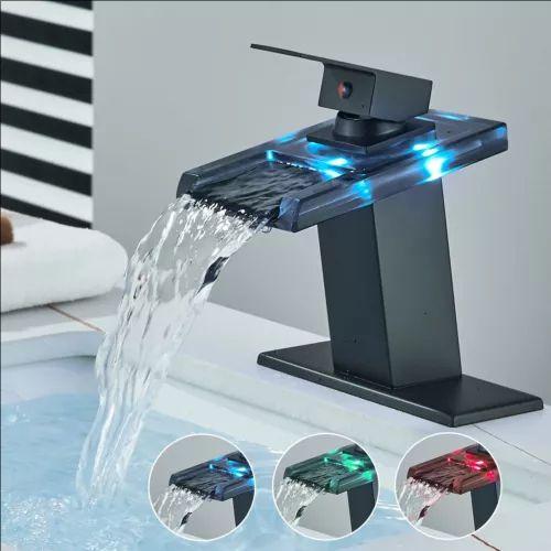 Basin Faucet Waterfall LED 3 Colors Glass Outlet Bathroom Battery Powered Basin Mixer Tap Chrome Deck Mounted Hot Cold Tap