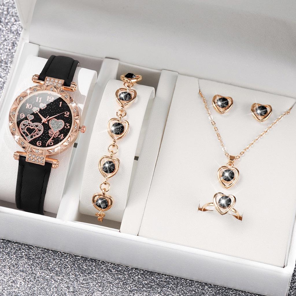Elegant Crystal Heart Butterfly Bracelet & Leather Strap Quartz Watch with Pink Gemstone Set