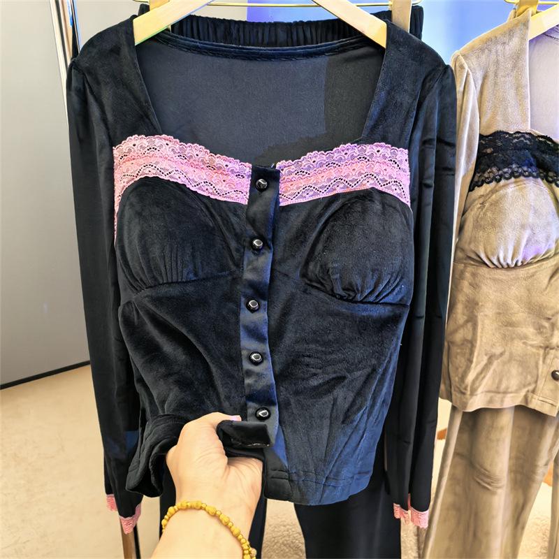 Sea Island Baumwolle Damen Pyjama Set - Herbst/Winter Französischer Stil mit Brustpolster, Dünner Fleece Hausbekleidung