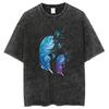 Washed Denim Women's Color Collision Girls Feather Abstract Printing Casual T-shirt Women's Basic Models Round Neck