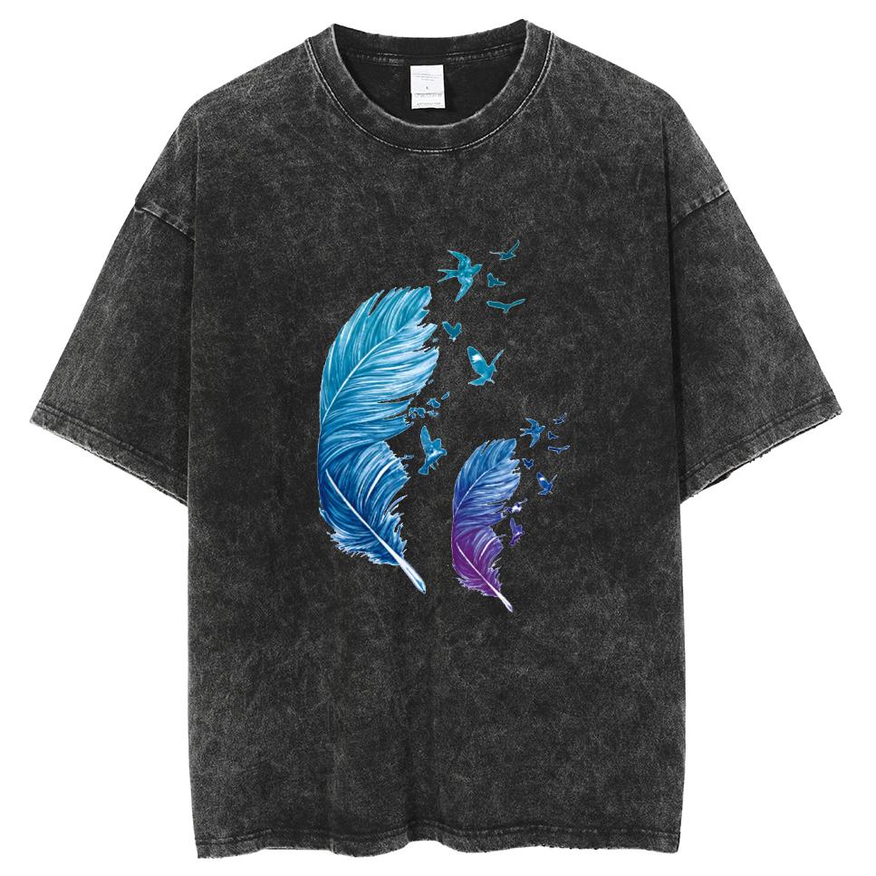 Washed Denim Women's Color Collision Girls Feather Abstract Printing Casual T-shirt Women's Basic Models Round Neck