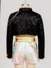 Kids Girls Demon Cosplay Singer Dance Outfit Sequins Shiny Long Sleeve Gold Webbing Trim Outer Wear with Golden Chain and Gloss Patchwork Color Block