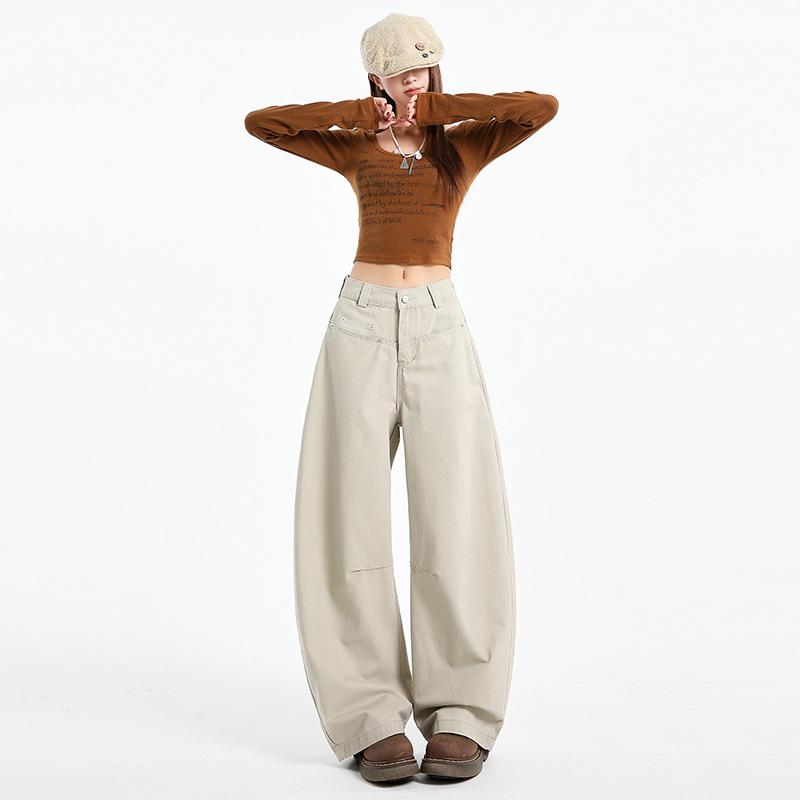 Women's Coffee Wide-Leg Jeans: Curved Cut, 2025 Fall/Winter, Loose, Slimming, Versatile, Floor-Length.