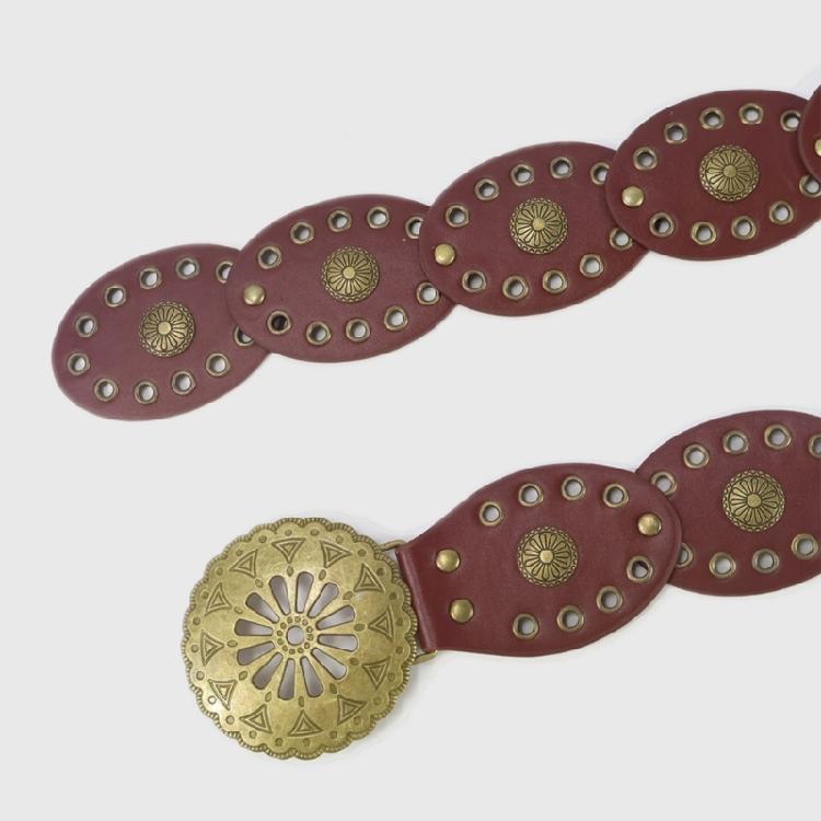 Comfortable Round Disk Waist Belt For Women PU Leather Strap With Ethnic Motifs Everyday Wear