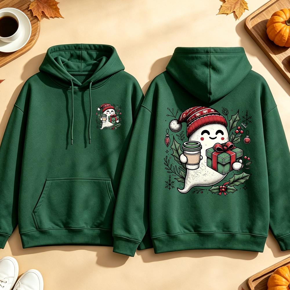 Cute Ghost Coffee Christmas Sweatshirt Santa Hat Gift Graphic Pullover Spooky Xmas Casual Loose Tops Men Hoodies Women