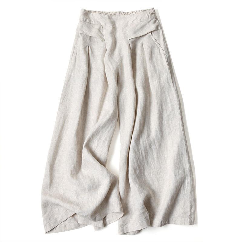 

Summer Women s Pants Breathable Thin Loose Pants Cotton Linen Cropped Wide Leg Pants Elastic Waist Casual Palazzo Trousers with Pockets L бежевый