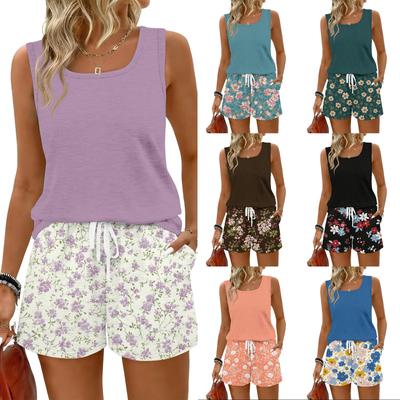 Women’s Summer Casual Two Piece Set Floral Print Tank Top Sleeveless Drawstring Shorts with Pockets for Daily Wear