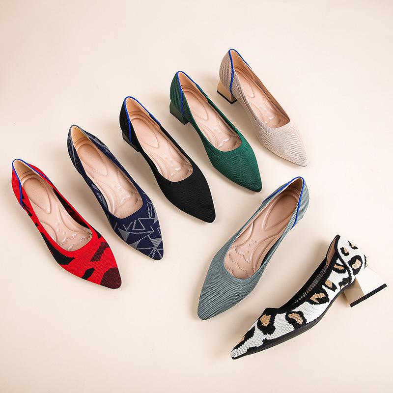 

New thick heel pointed leopard print high heels knitted comfortable woven single shoes women 34 червоний