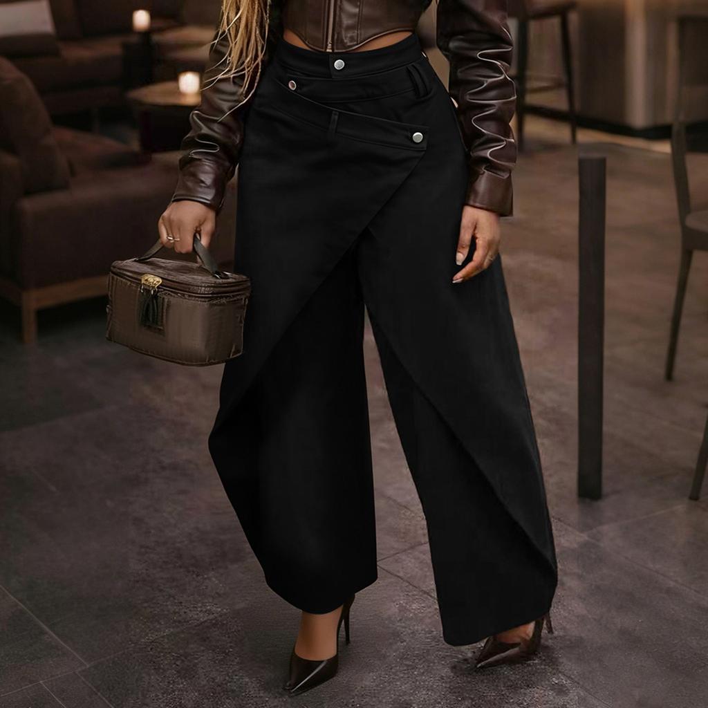 Damen Mode Lässig Vintage Weite Hosen Hohe Taille Lockere Passform Fließende Hosen Knopf Detail Leichter Stoff