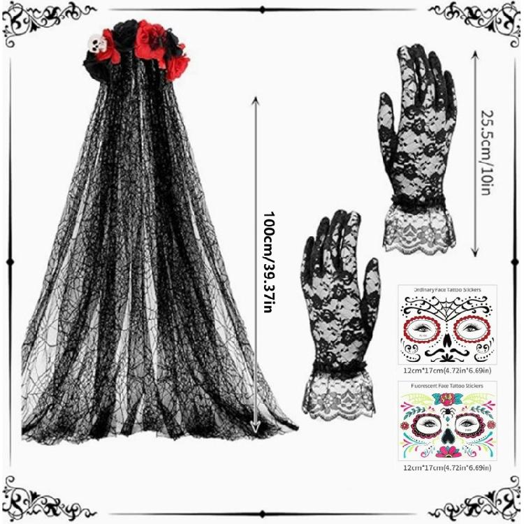 Party Ready Gothic Lace Hairpiece Set with Rose Trim and Matching Gloves for Halloween Cosplay Costume Looks and Photos