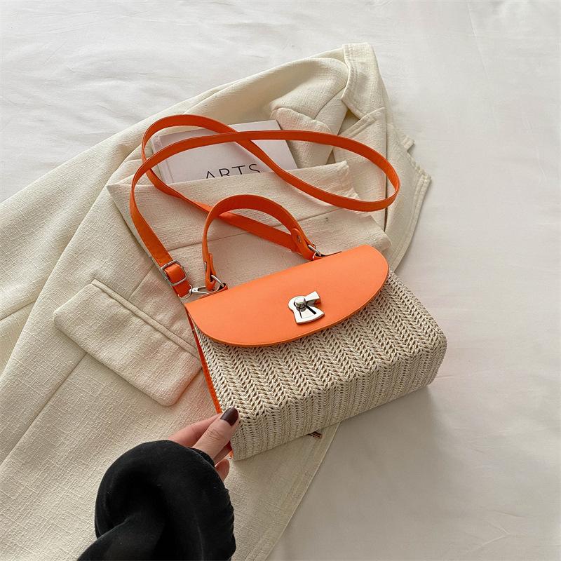 

Korean version contrasting color lock straw bag personalized versatile handbag 2025 summer new messenger small square bag women оранжевый