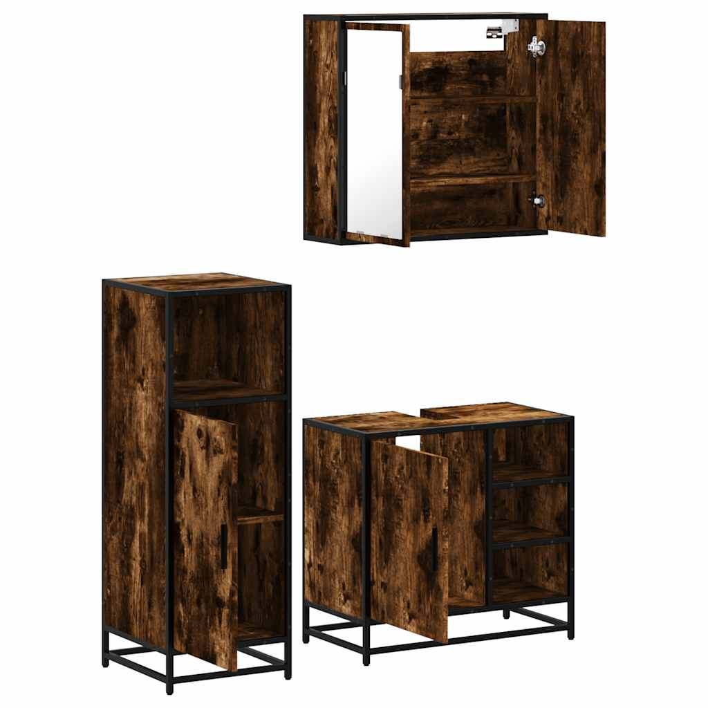 3 Piece Bathroom Furniture Set Smoked Oak Wood Based Material
