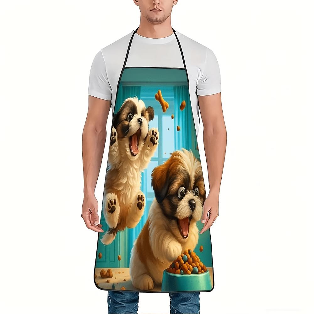 1pc Cute Puppy Eating Dog Food Apron - Fun Puppy Print Adjustable Waistband, Durable Easy-Clean Polyester Apron, Suitable for Kitchen Cooking, Gardeni