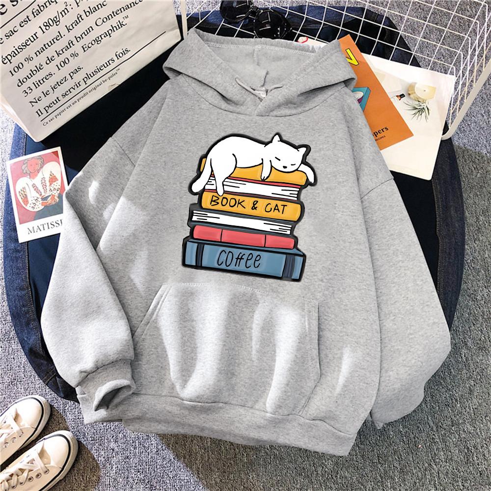 White Cat Sleeping On A Pile Of Books Hoodies Women Novelty Fashion Hoody Loose Oversized Basic New Hoodie Casual Fleece Clothes