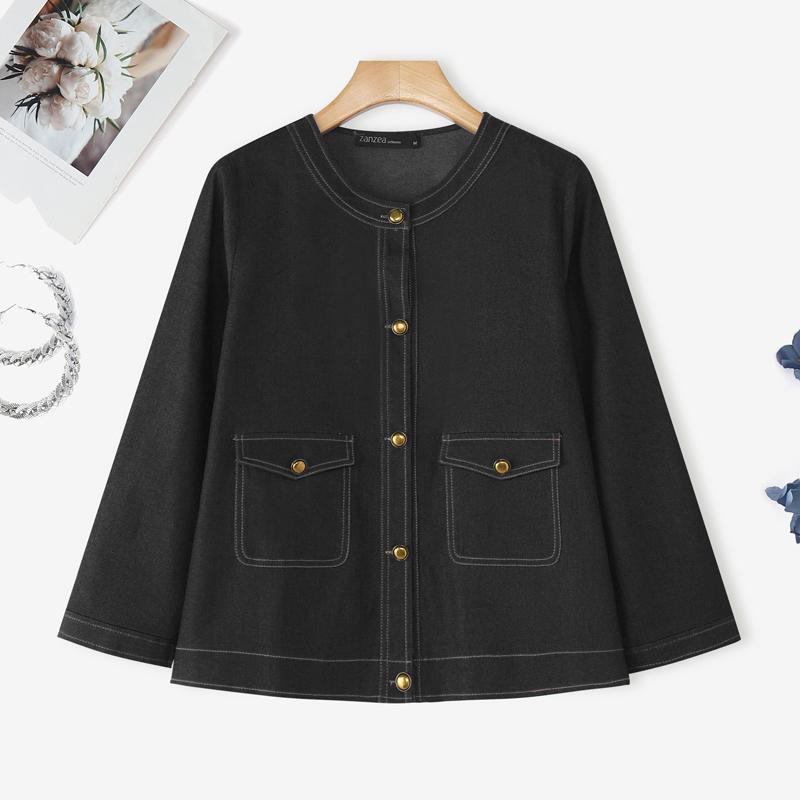 ZANZEA Women Casual Round Neck Long Sleeve Vintage Denim Blouse