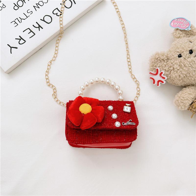 Kids Red Chain Crossbody Bag With Flower And Artificial Pearl Handle Design