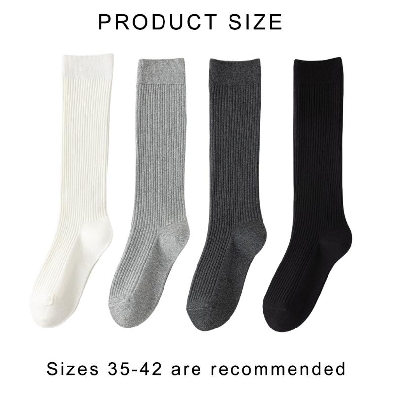 5 Pairs Women Rib Knitted Cotton Over The Calf Socks with Thick Double Stitching Classical Solid Color Knee Length Socks