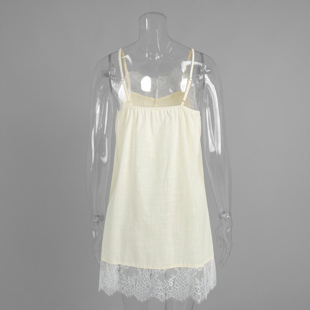 Vestido Camisola de Encaje con Empalme Nuevo de Verano Vestido Slip Elegante y Perezoso con Ribete de Encaje para Mujer Estilo Europeo Americano