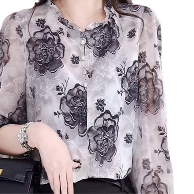 New Spring Fashion Versatile Temperament Loose Age-reducing Top Shirt Thin Printed Long Sleeves