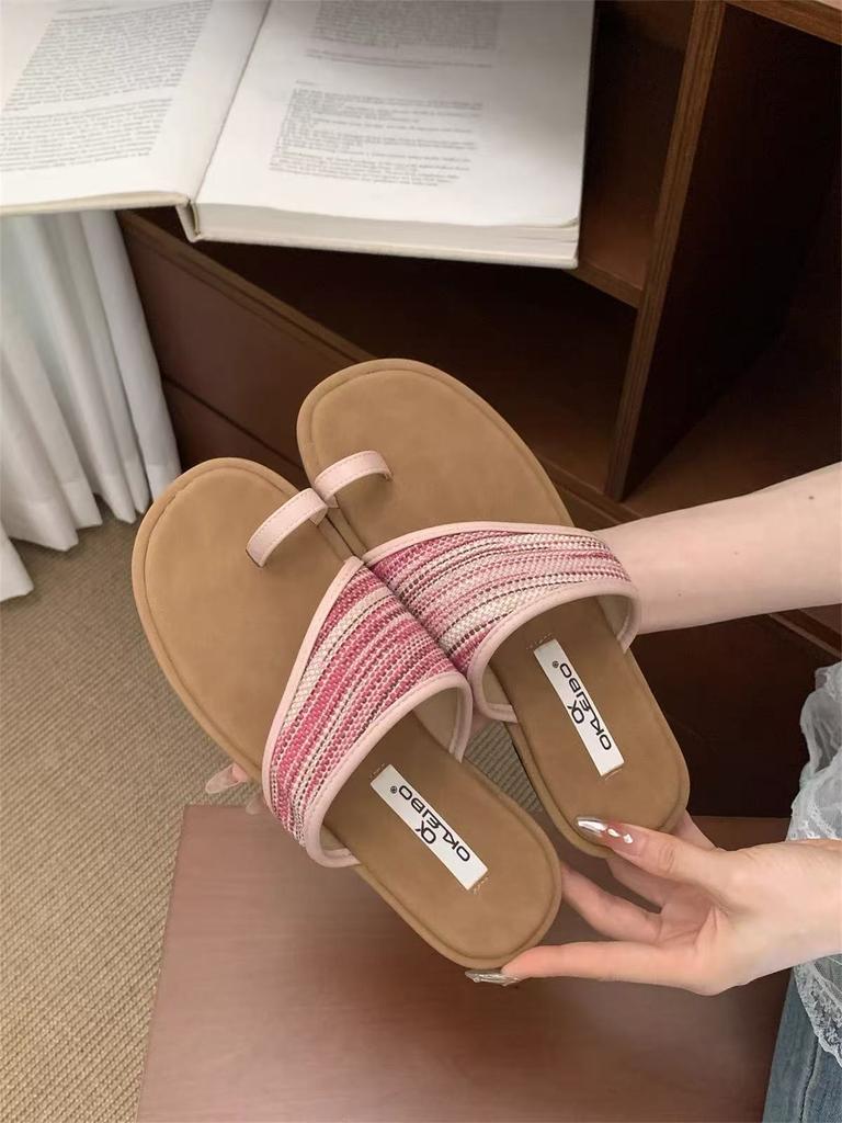 Flat-bottomed Toe French Sandals Fairy Wind Wear 2025 Summer Vintage Woven Seaside Roman Beach Slippers