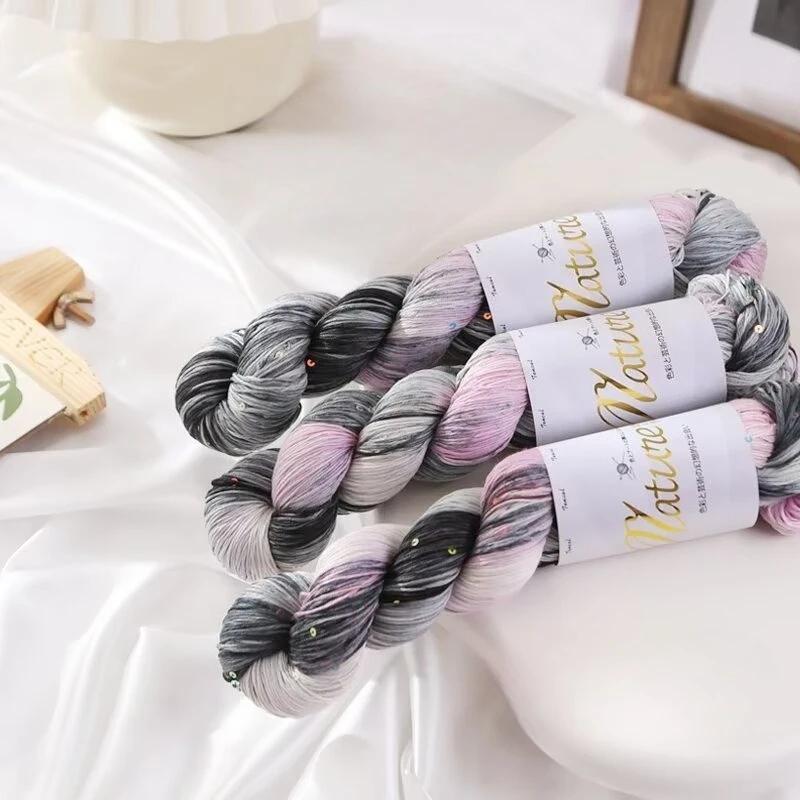 100g/Roll Thin Gradient Color Tencel Sequins Hand-Dyed Lace Yarn for Summer Hand Knitting Crochet Thread for Shawl Scarf 300M