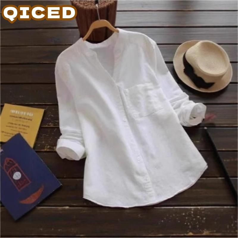 QICED Women's Fashion Casual Solid Color Print Long Sleeve V Neck Blouses & Shirts Unique Design