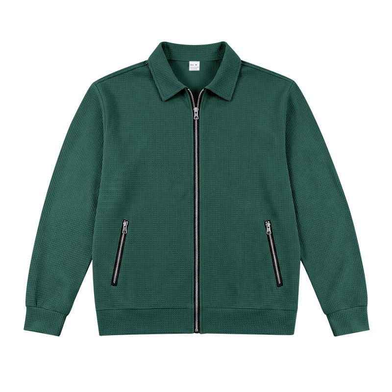 Men's Waffle Knit Full Zip Jacket Lapel Collar Long Sleeve Casual Lightweight Coat with Zipper Pockets for Spring and Fall Daily Wear