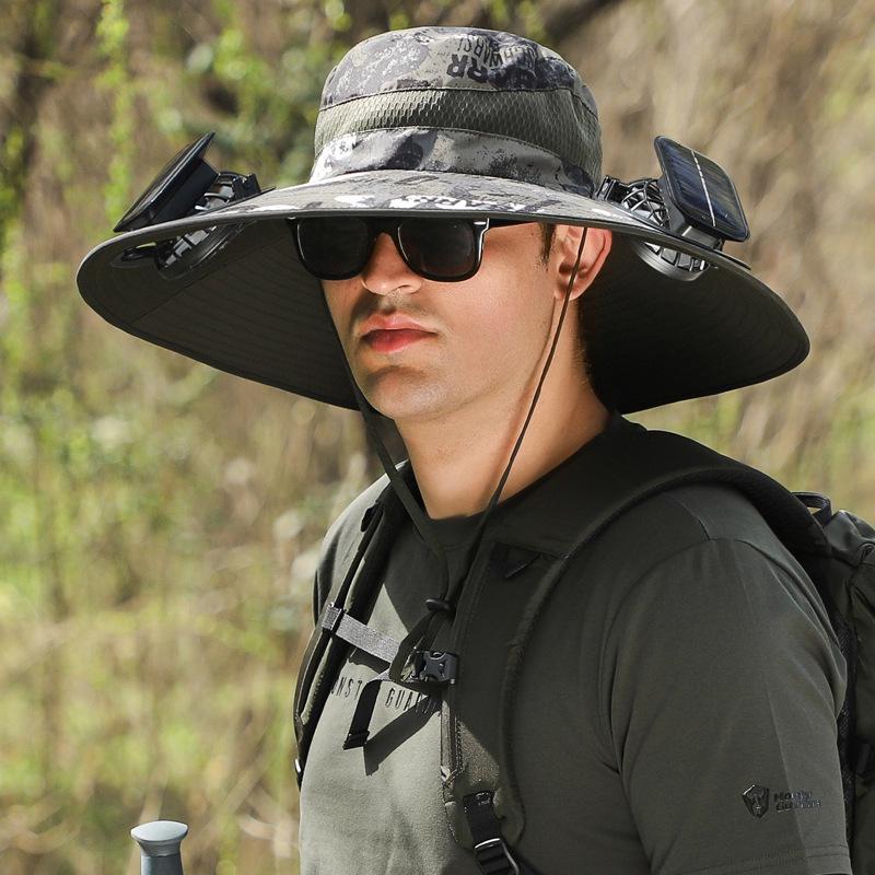 Men's Summer Outdoor Cooling Fan Hat - High Wind Power Sun Protection for Hiking, Fishing, and Mountaineering. Lightweight Fisherman Style.