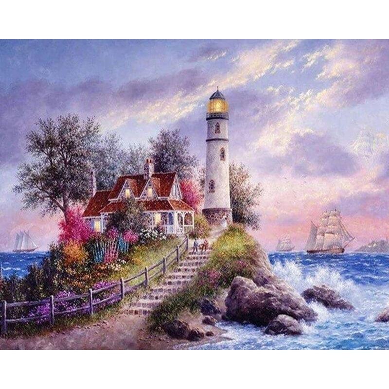Embroidery Stitch Cross Diamond Lighthouse Diamond Painting 5d Diamond Mosaic Seascape Full Round Home Decor