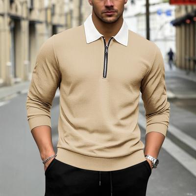 Herren Langarm-Sweatshirt mit Kragen und halbem Reißverschluss, kariert, farblich abgesetzt, lässiges Sport-Poloshirt