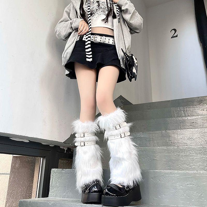 Soft Fluffy Leg Warmers Y2K Girls Winter Faux Fur Thigh High Socks Harajuku Punk Goth Aesthetic Cozy Footwear For Women