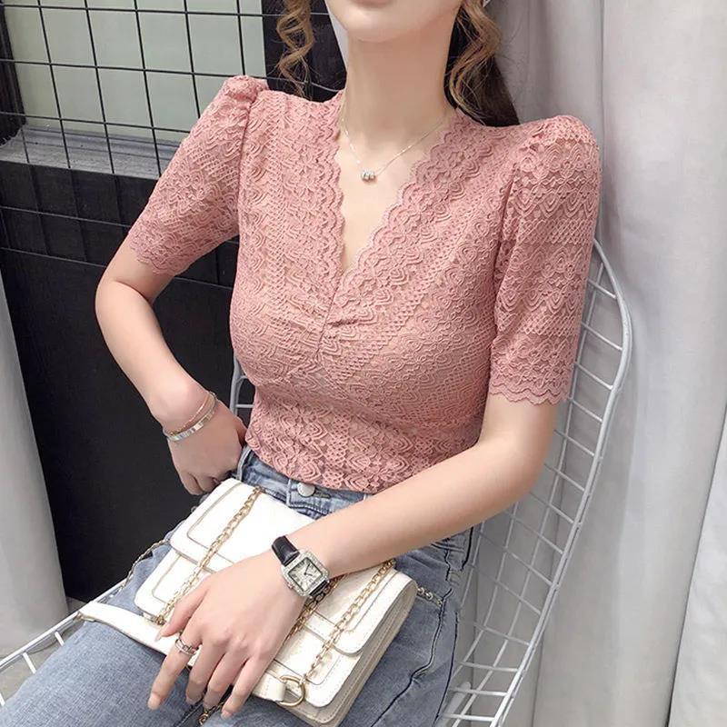 

Кружевная основа Женская футболка с V-образным вырезом и короткими рукавами Новые топы с рукавами-буфами и сексуальной облегающей посадкой XXXL розовый