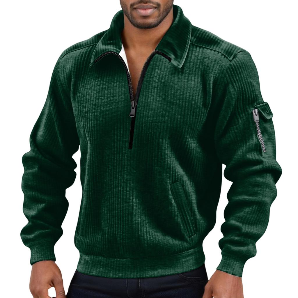 Men's Solid Color Corduroy Zipper Neck Long Sleeve Top Men's Casual Lapel Top