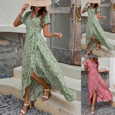 Vestido Boho Floral de Verão Feminino Cintura Alta Casual Havaiano Fluido Decote V Vestido de Férias