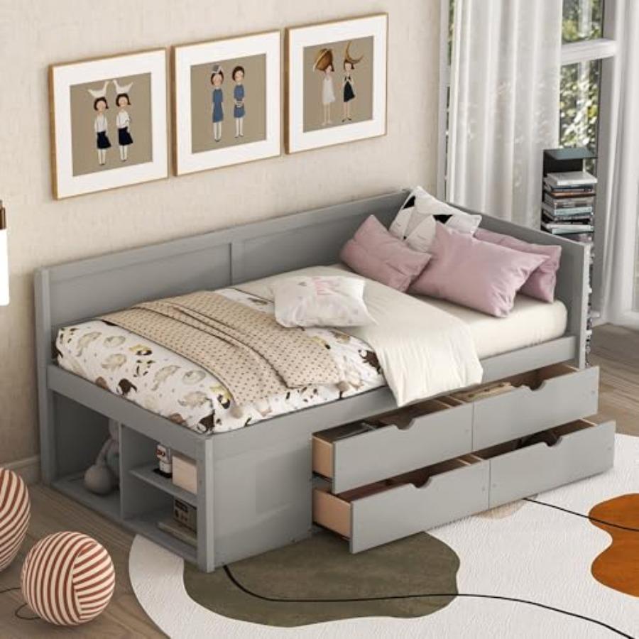 Twin Size Daybed with Drawers and Shelves, Wooden Storage Daybed Frame with Slats, Pull Out Drawer Bed for Guests, Space Saving