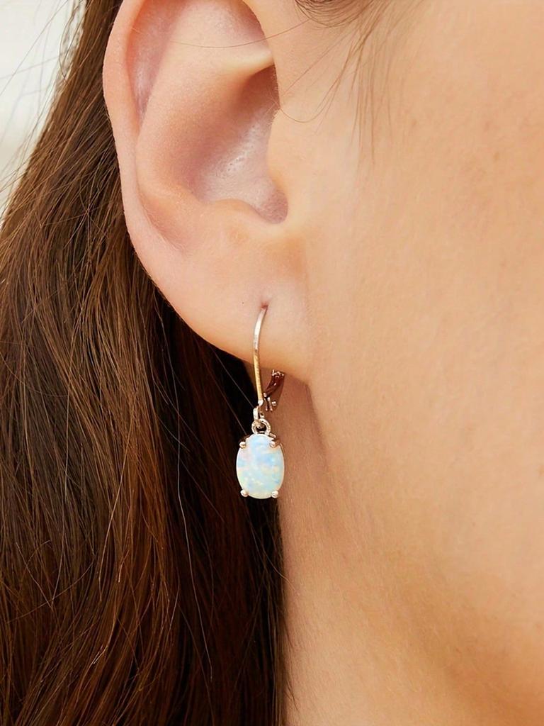 1 Pair New Arrival Popular Luxury 4-Claw Oval Artificial Opal Earrings, Fashionable Accessories For Both Men And Women