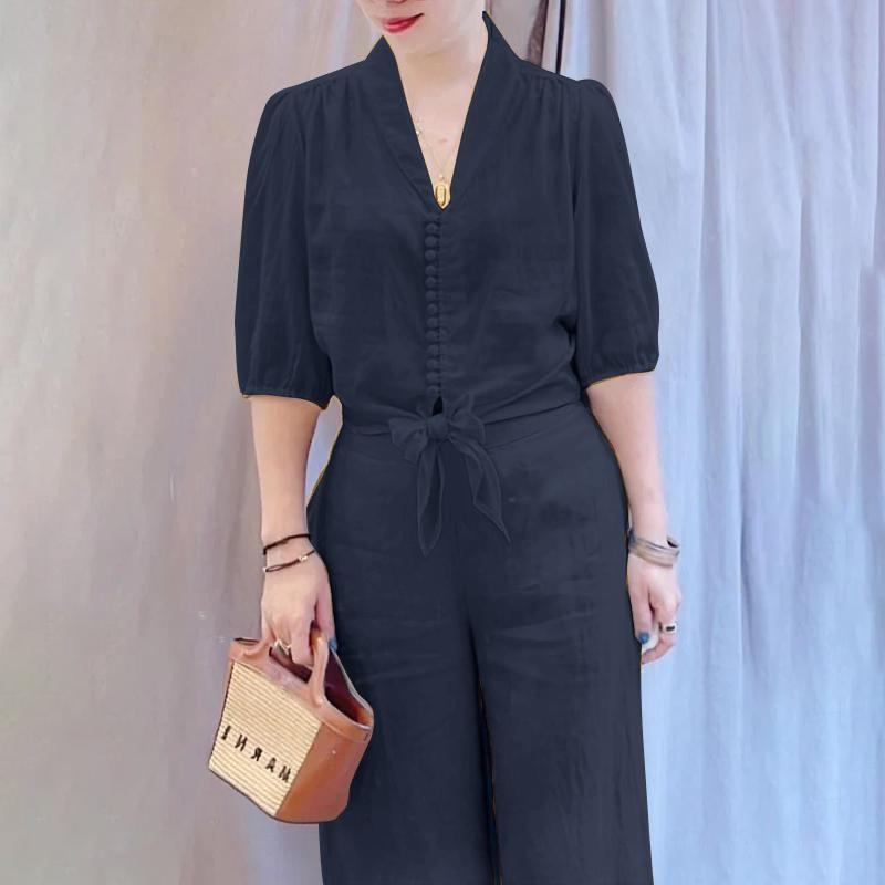 

ZANZEA Женская повседневная блузка с короткими рукавами и брюки Летний брючный костюм из 2 предметов 4XL