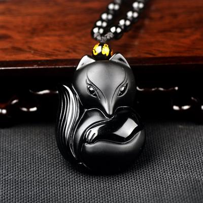 Groovy Rings Obsidian Schnitzerei Fuchs Amulett Anhänger Perlenkette Halskette Unisex Schmuck Geschenk