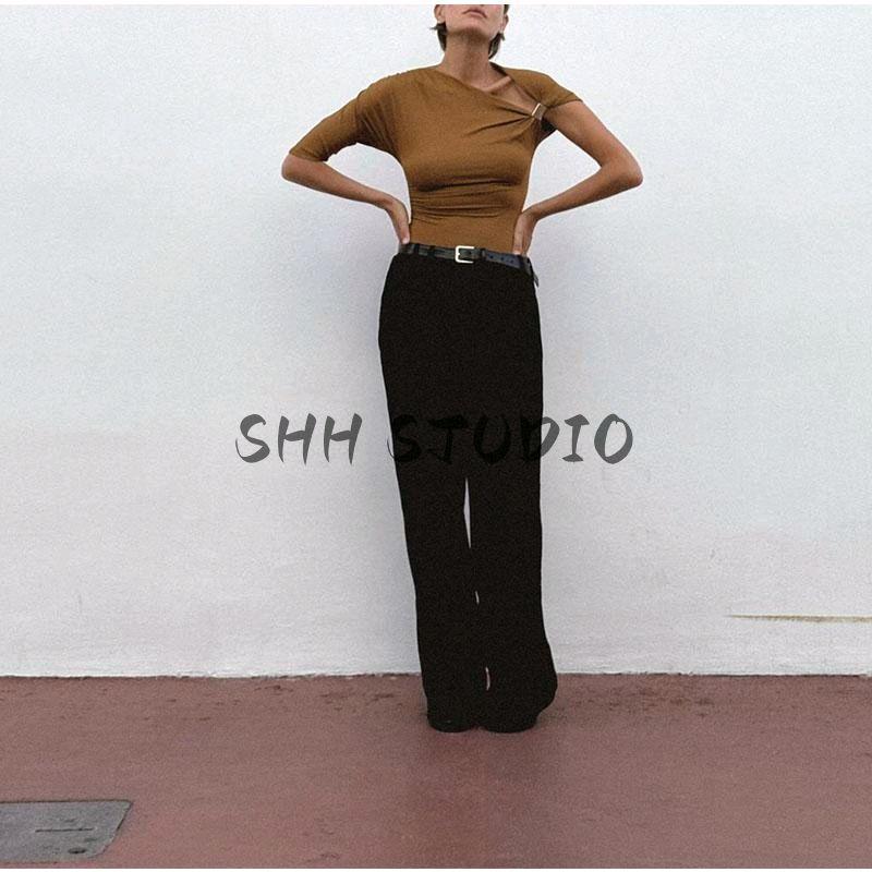 Spring New Women's Clothing European and American Leisure Easiest for Match Nylon off-Shoulder Asymmetric Design Tops 1026164