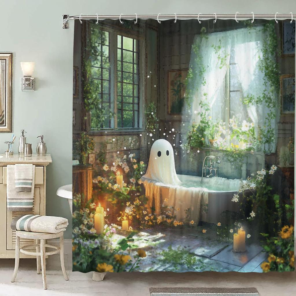 Waterproof Ghost Theme Shower Curtain With Artistic Floral Pattern With Hooks, Polyester, Suitable For Home And Hotel Bathrooms